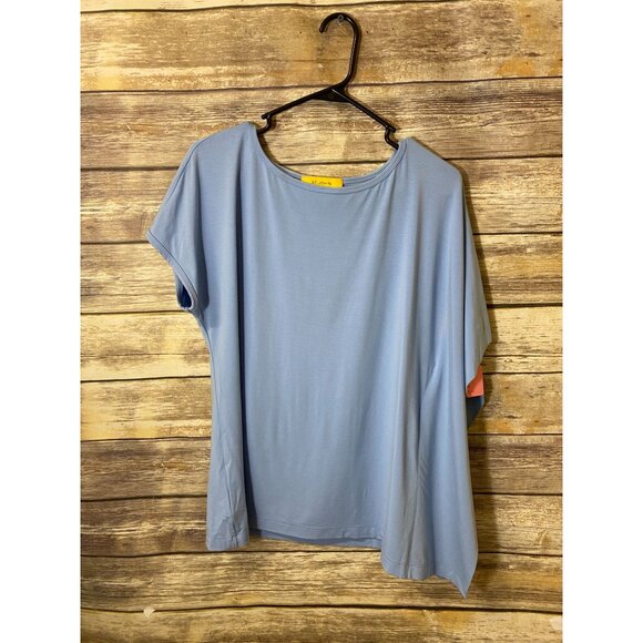St John Resort Top Short Sleeve One Drape Sleeve M Medium Blue Stretch Classic - Picture 2 of 6